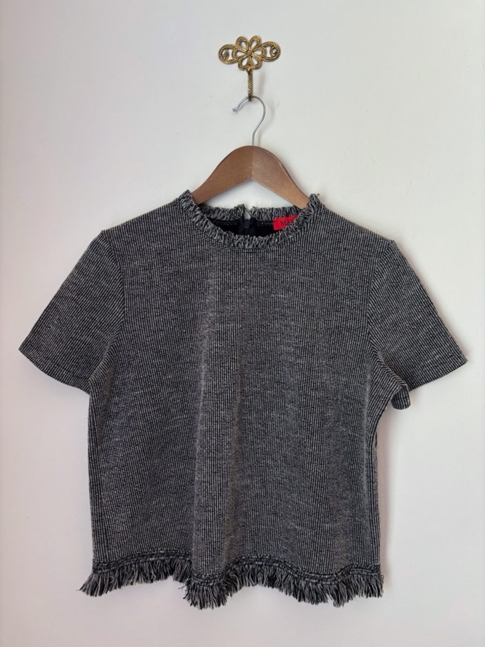 Max & Co Max Mara Black & Tan Soft Tweed Fringe Top Large